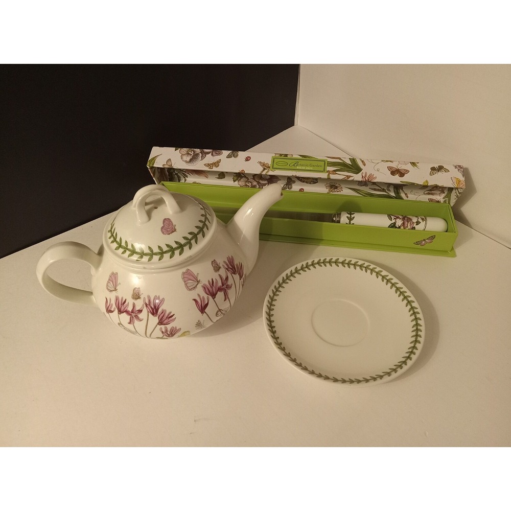 Portmeirion Botanic Garden Teapot Saucer Bread Knife Set 1972 Vintage Floral